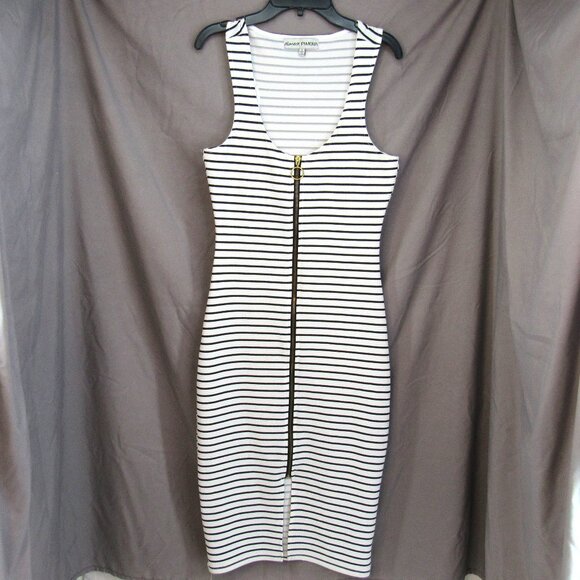 Almost Famous Junior White w/Black Stripe Bodycon Front Full Zip Dress Sz S - Picture 1 of 10